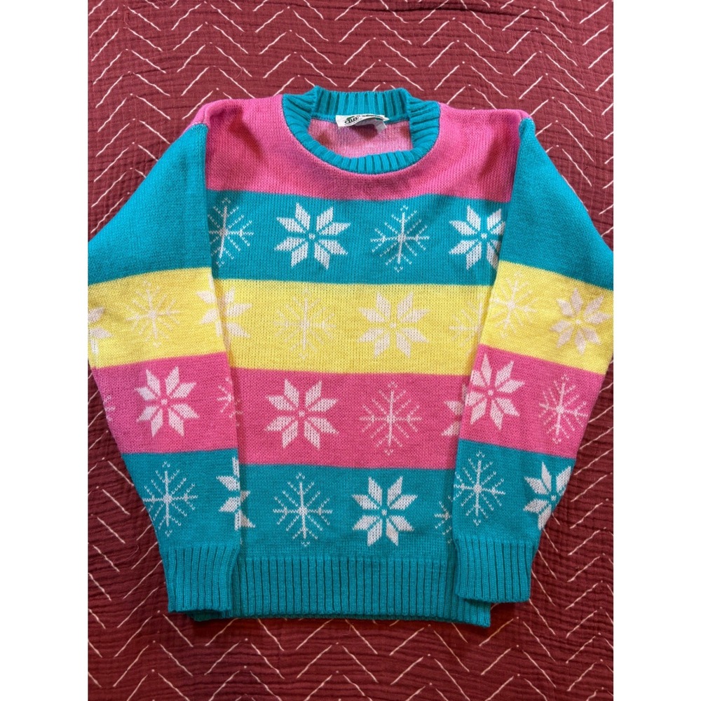 Club House VTG Girls Snowflake Striped Sweater Aqua Pink Yellow‎ Size L